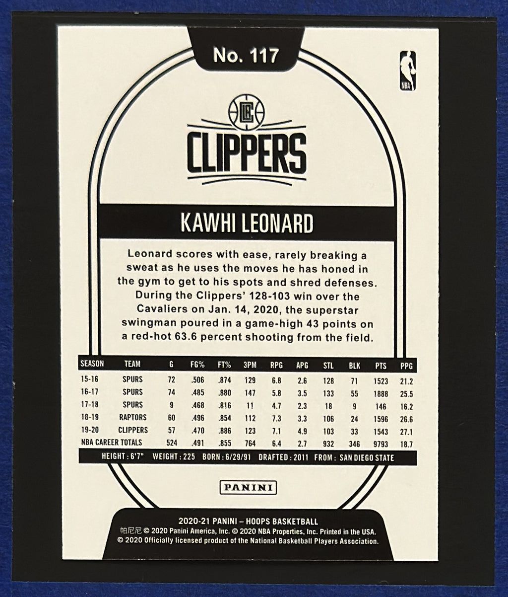 2020-21 Panini NBA Hoops Purple Kawhi Leonard #117 back