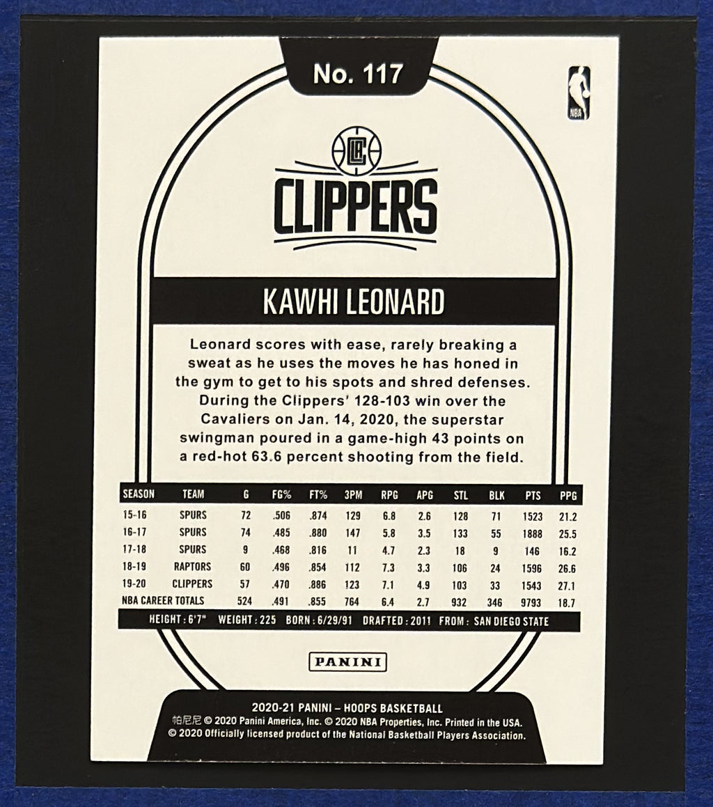 2020-21 Panini NBA Hoops Teal Explosion Kawhi Leonard #117 back