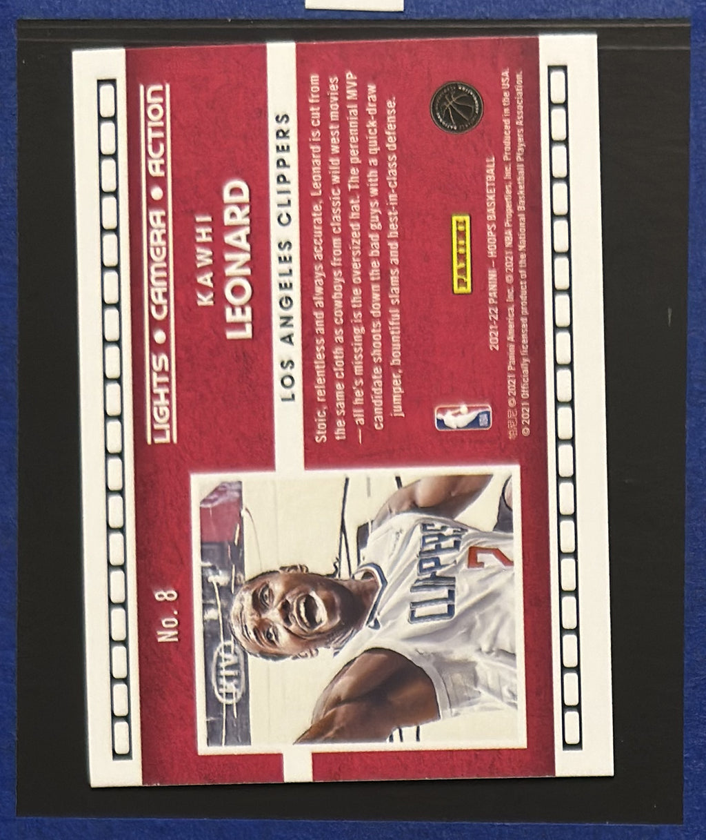 2021-22 Panini NBA Hoops Lights Camera Action Kawhi Leonard #8 — back view