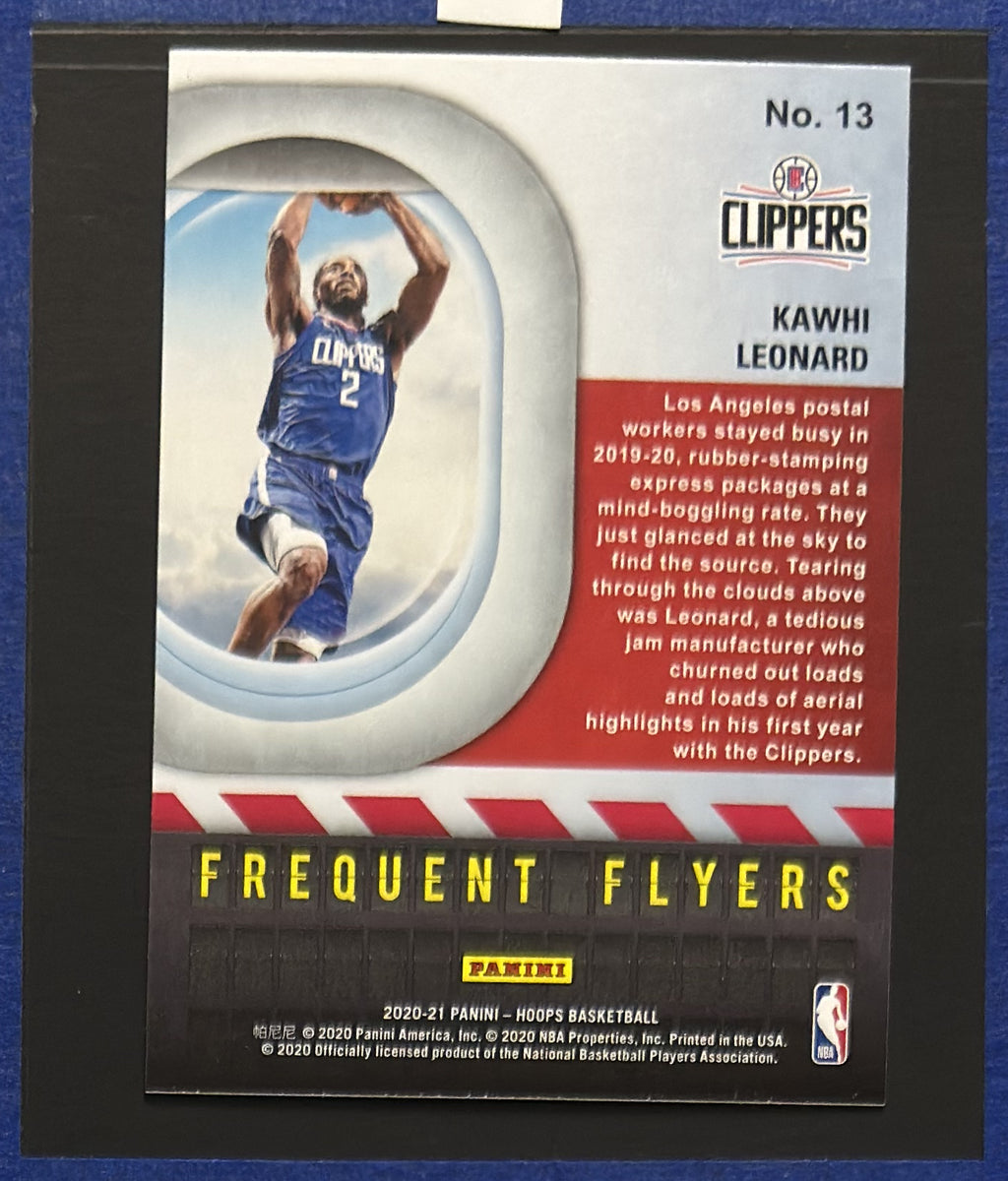 2020-21 Panini NBA Hoops Frequent Flyers Purple Explosion Kawhi Leonard #13 — back view