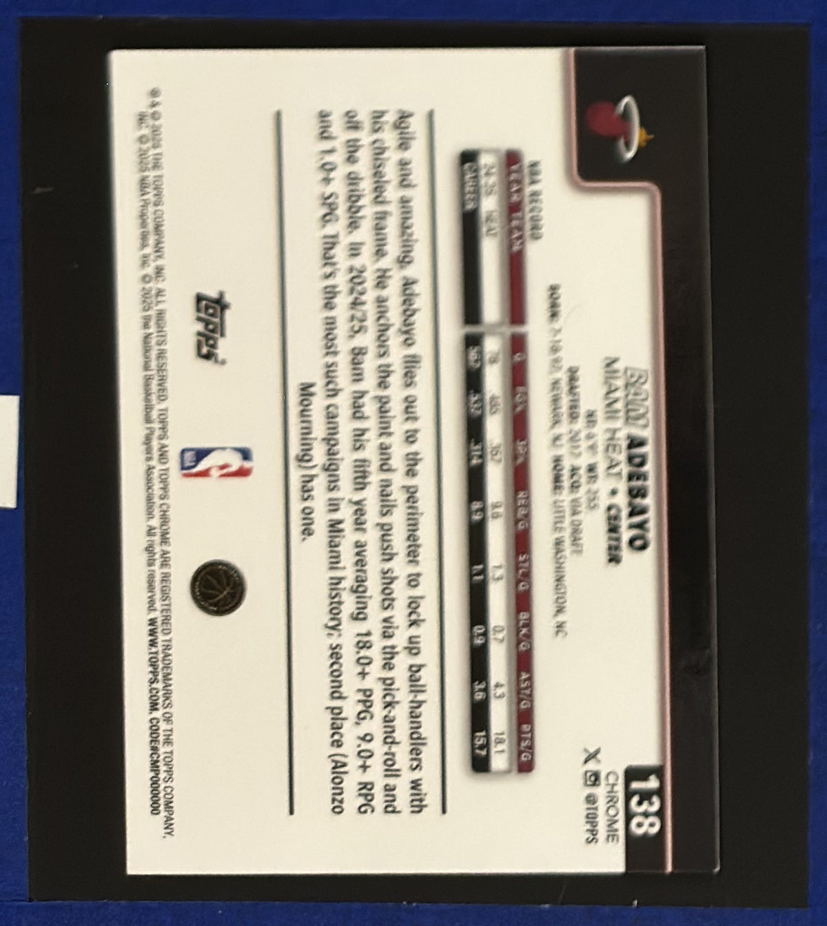 2025-26 Topps Chrome Red White & Blue Refractor Bam Adebayo #138 back