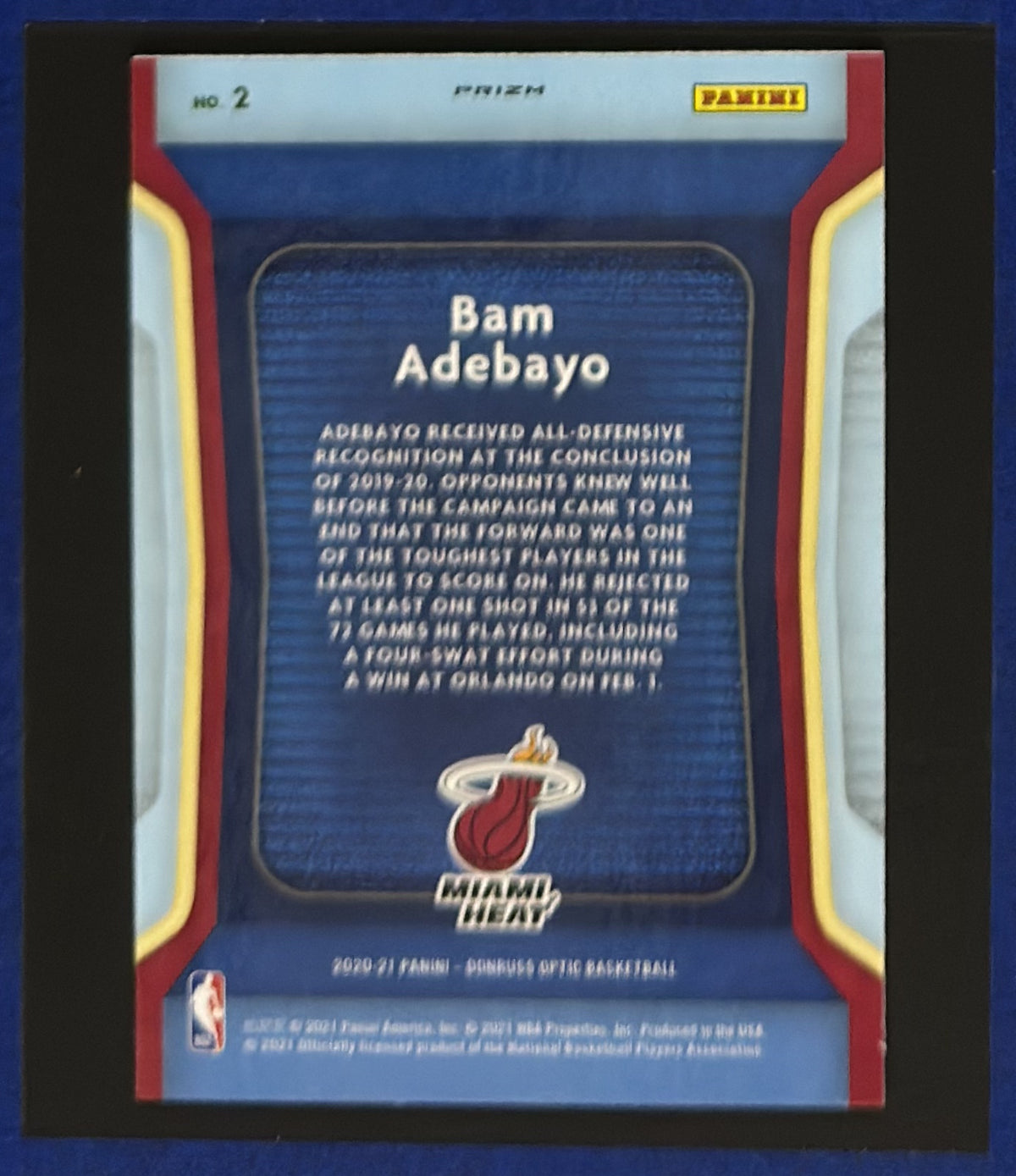 2020-21 Panini Donruss Optic Silver Air Defense Bam Adebayo #2 — back view