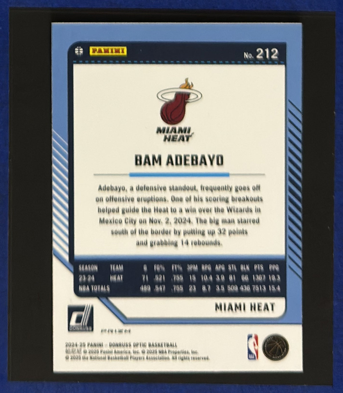 2024-25 Panini Donruss Optic Pink Bam Adebayo #212 — back view
