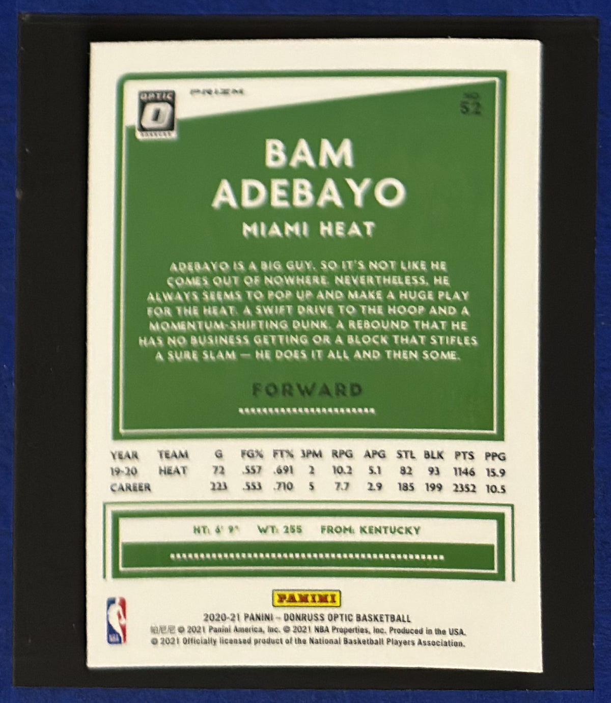 2020-21 Panini Optic Silver Bam Adebayo #52 — back view