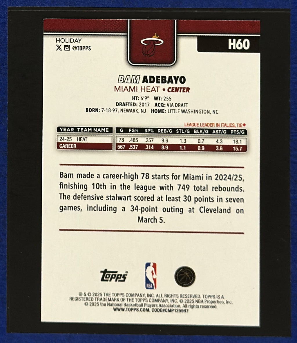 2025-26 Topps Holiday Blue Silver Glitter Bam Adebayo #H60 — back view
