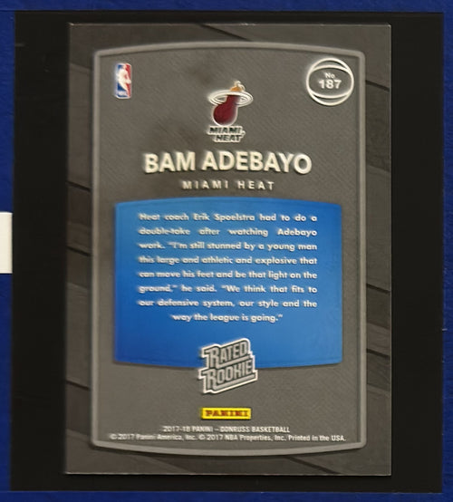 2017-18 Panini Donruss Rated Rookie Bam Adebayo RC #187 back