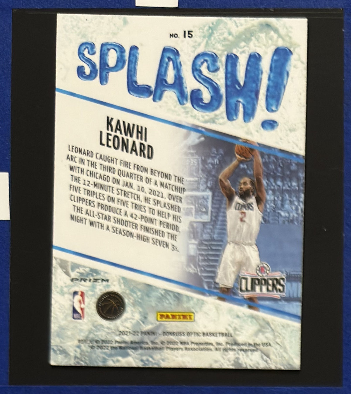 2021-22 Panini Donruss Optic Splash! Purple Kawhi Leonard #15 — back view