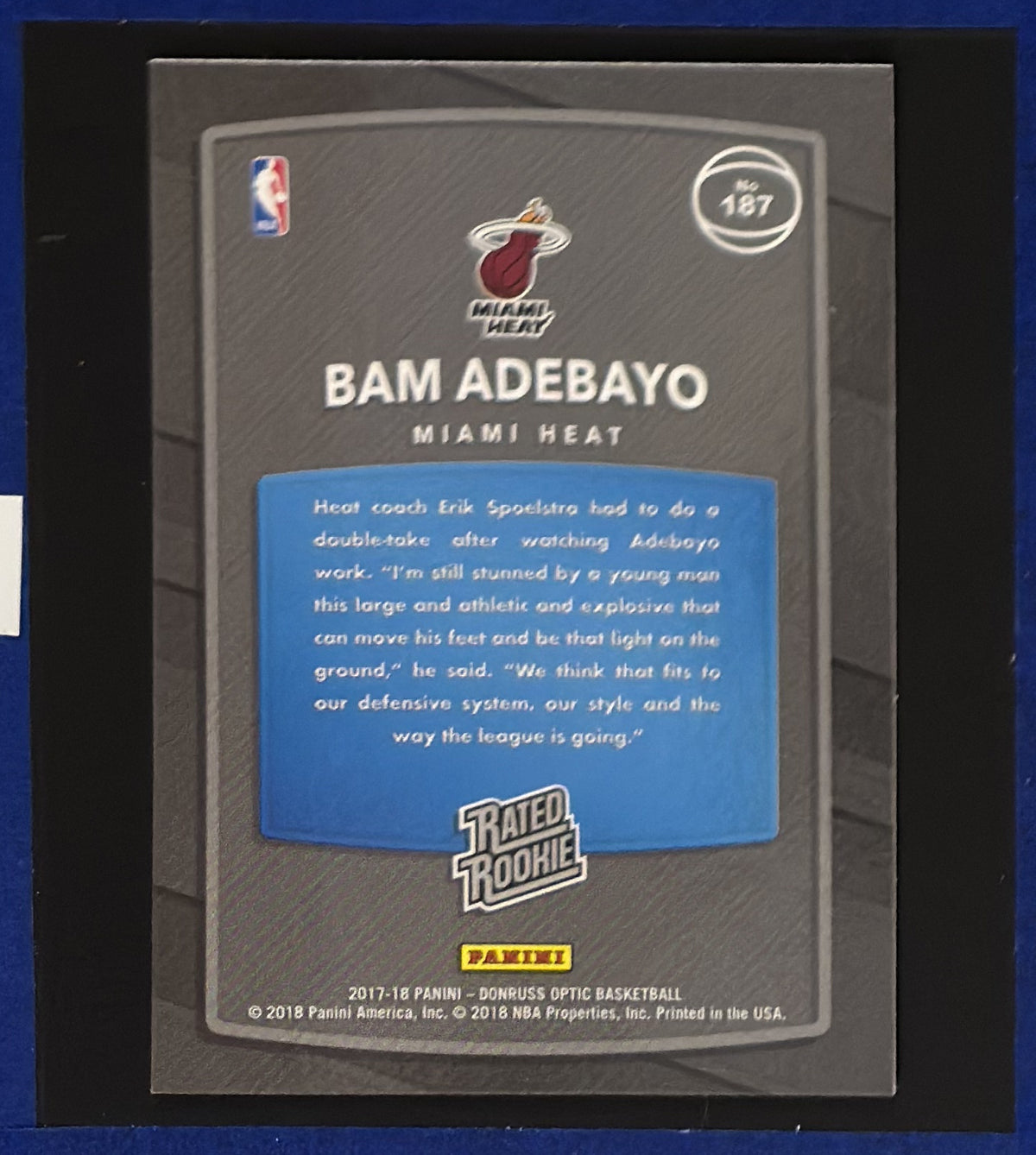 2017-18 Panini Donruss Optic Red & Yellow Rated Rookie Bam Adebayo RC #187 back