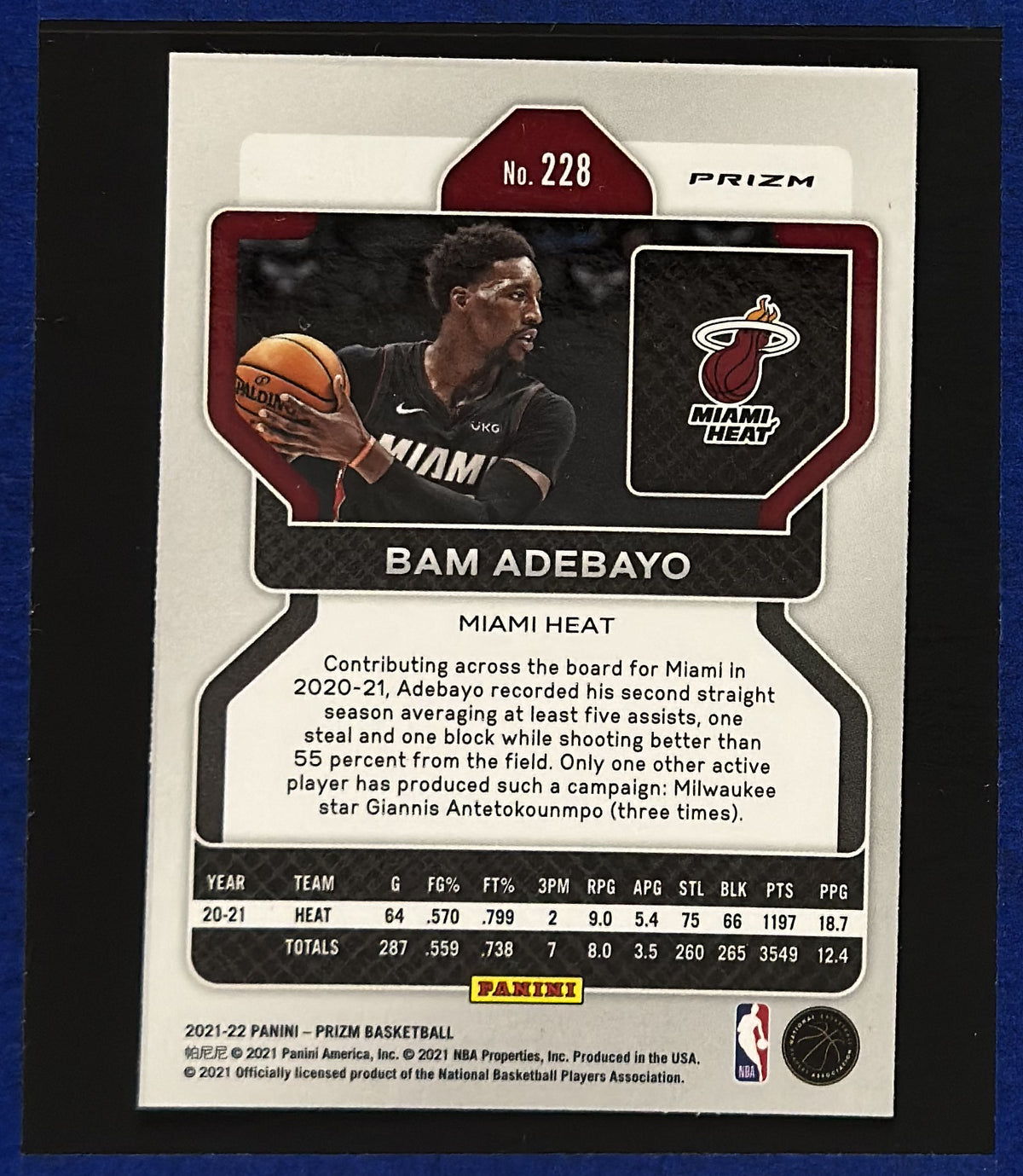 2021-22 Panini Prizm Silver Bam Adebayo #228 — back view