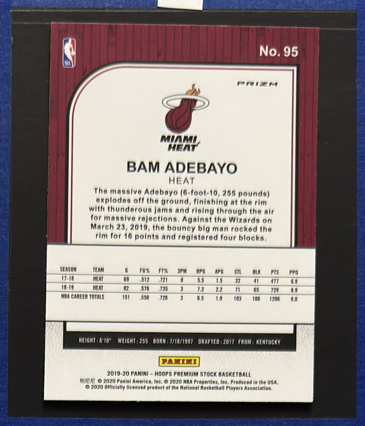 2019-20 Panini NBA Hoops Premium Stock Silver Mojo Bam Adebayo #95 back