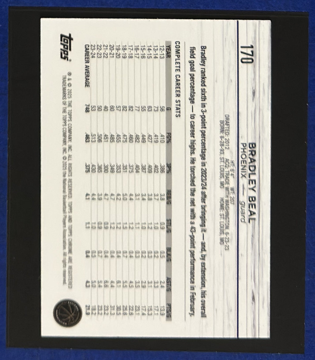 2024-25 Topps Chrome Blue Basketball Refractor Bradley Beal #170 — back view