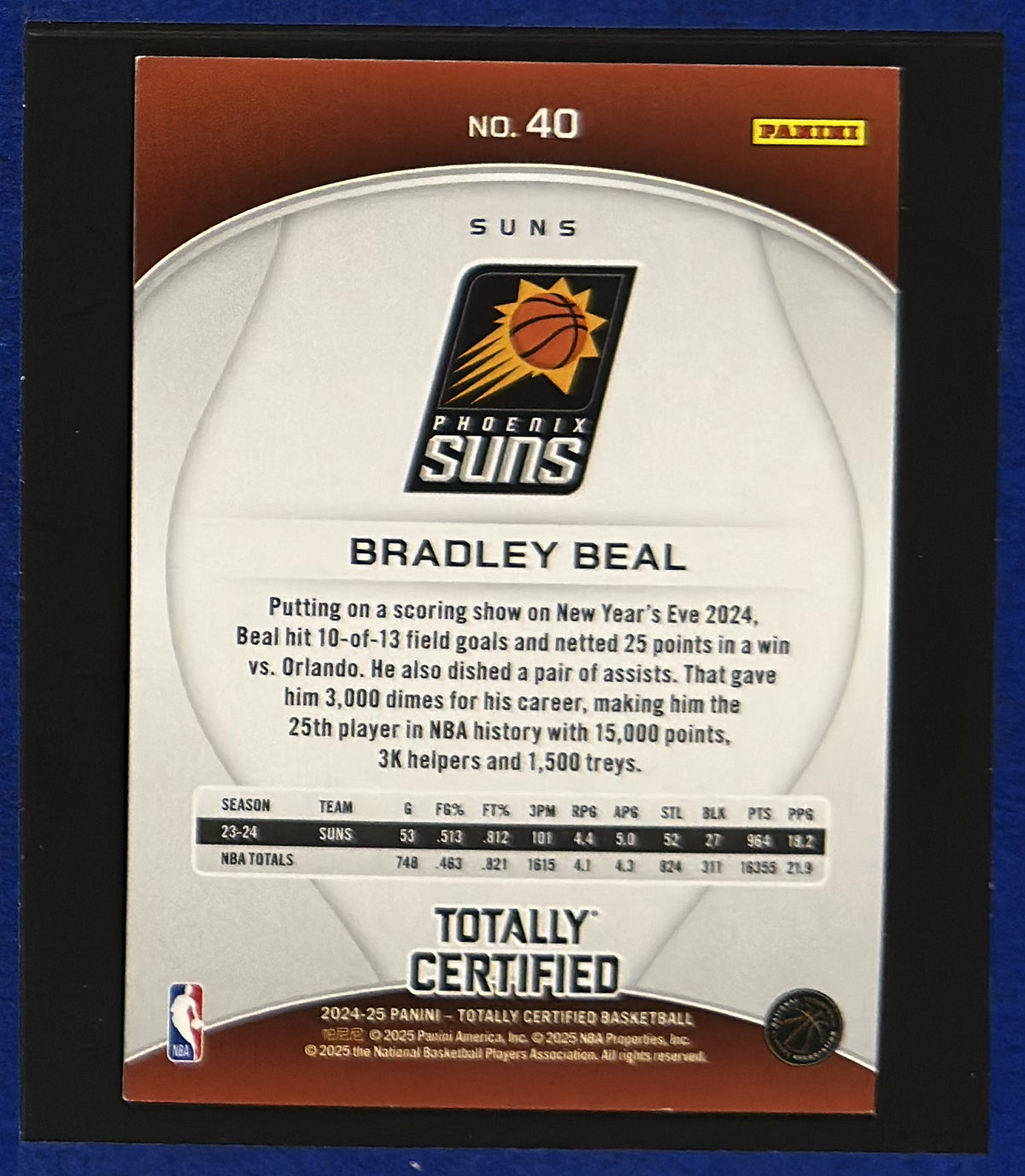 2024-25 Panini Totally Certified Mirror Bradley Beal #40 — back view