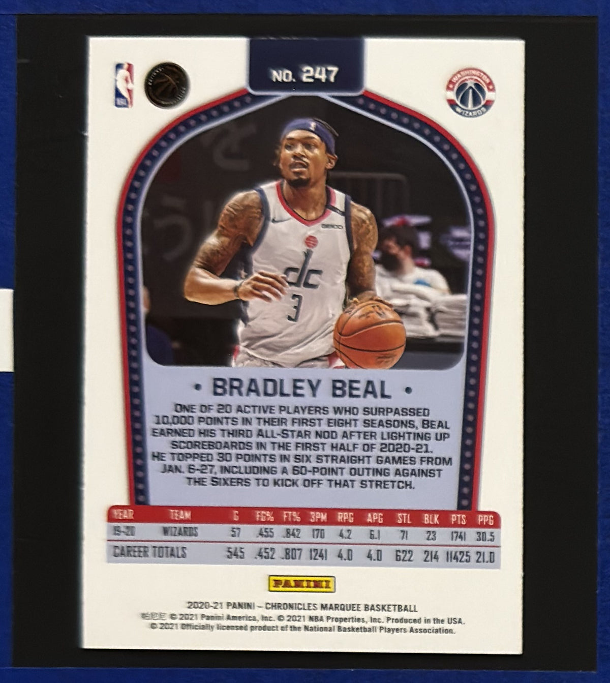 2020-21 Panini Chronicles Bronze Marquee Bradley Beal #247 — back view