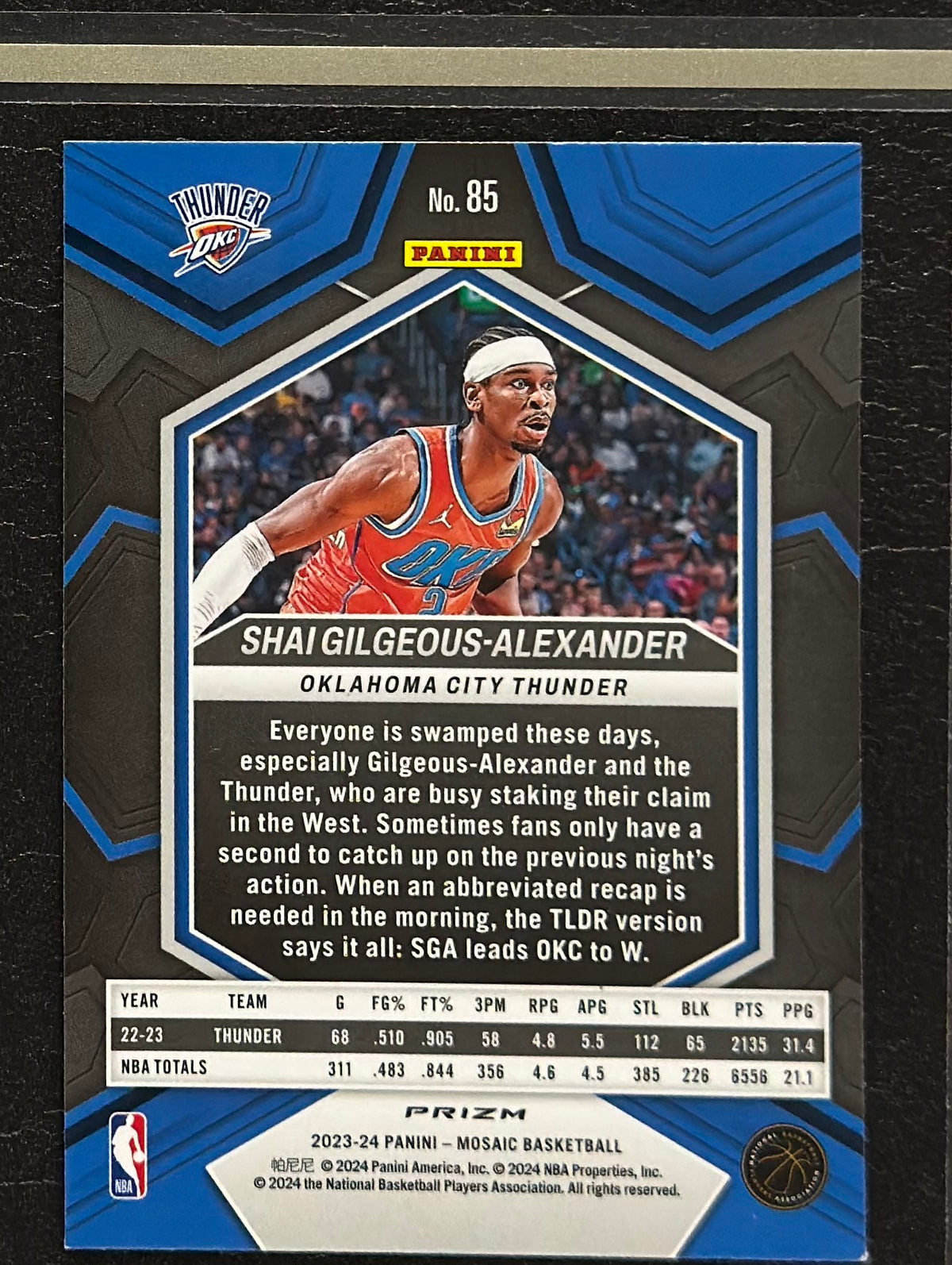 2023-24 Panini Mosaic Green Mosaic Prizm Shai Gilgeous-Alexander #85 — back view
