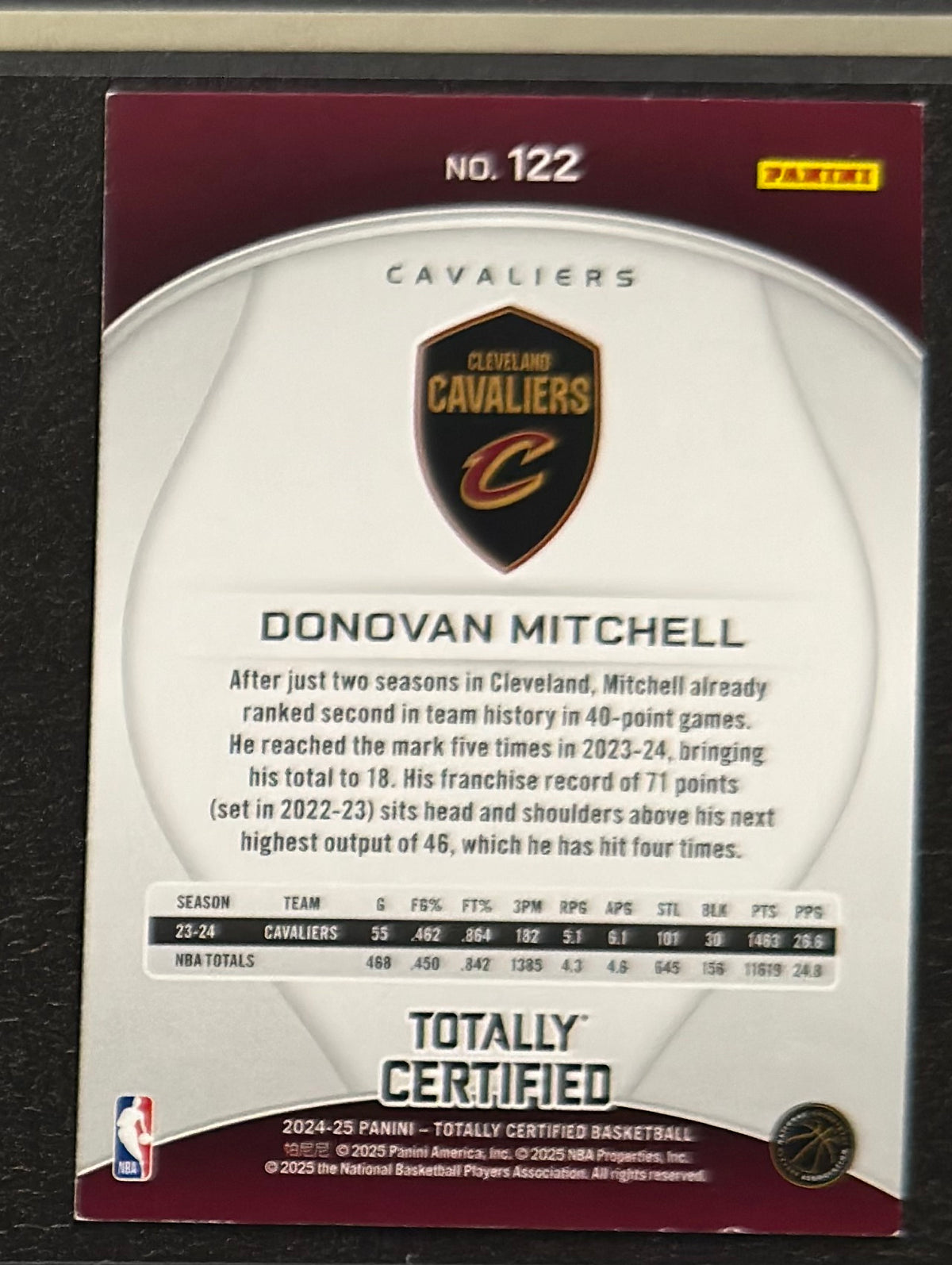 2024-25 Panini Totally Certified Maroon Mirror Donovan Mitchell #122 — back view