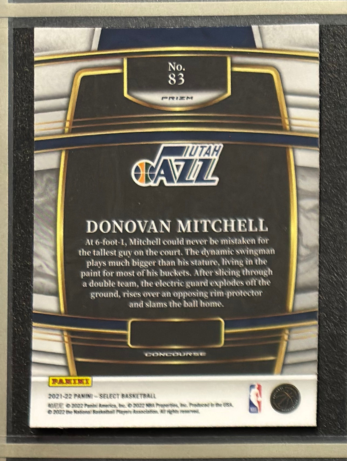 2021-22 Panini Select Concourse Green White Purple Prizm Donovan Mitchell #83 — back view