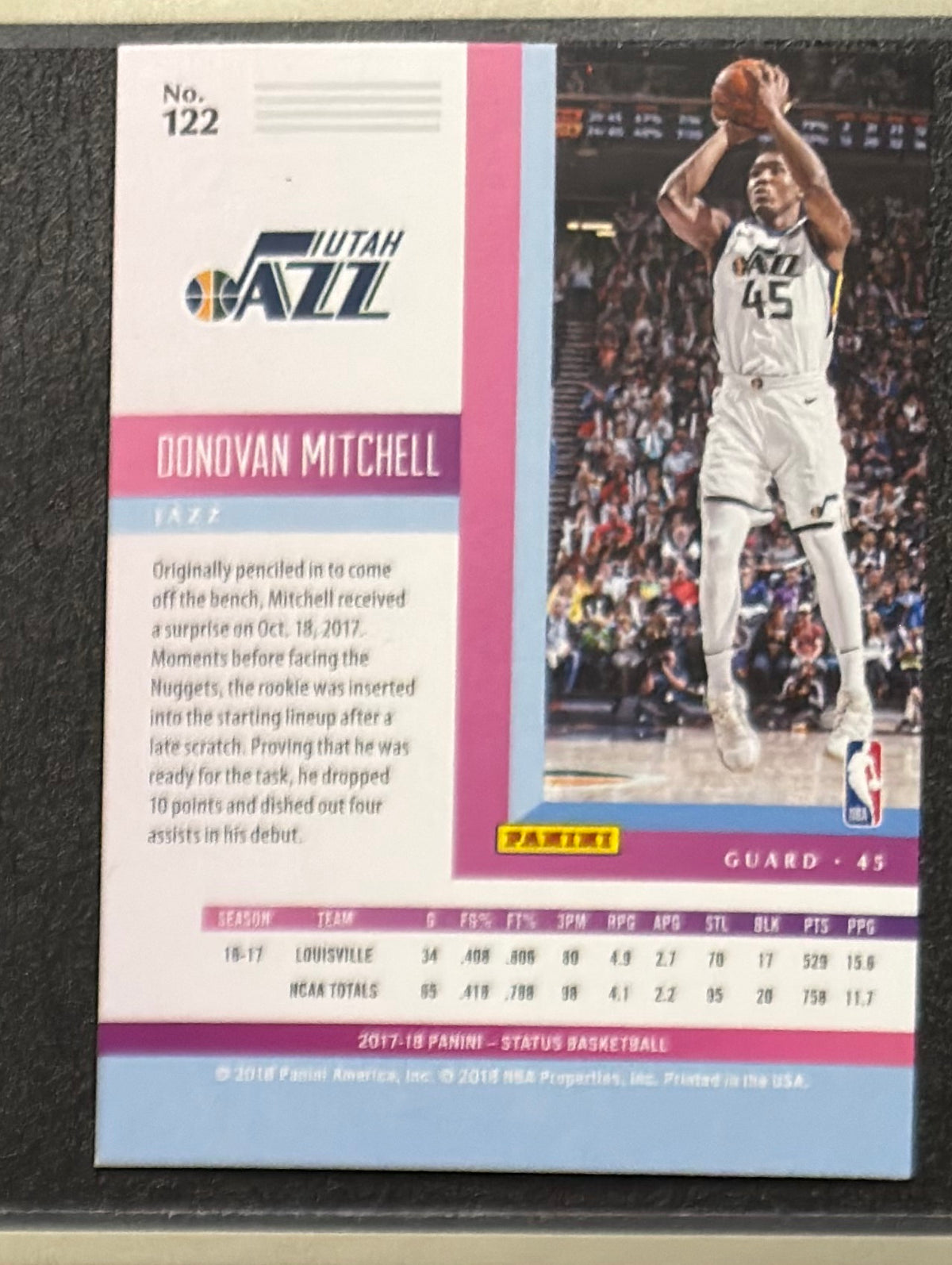 2017-18 Panini Status Donovan Mitchell RC #122 — back view