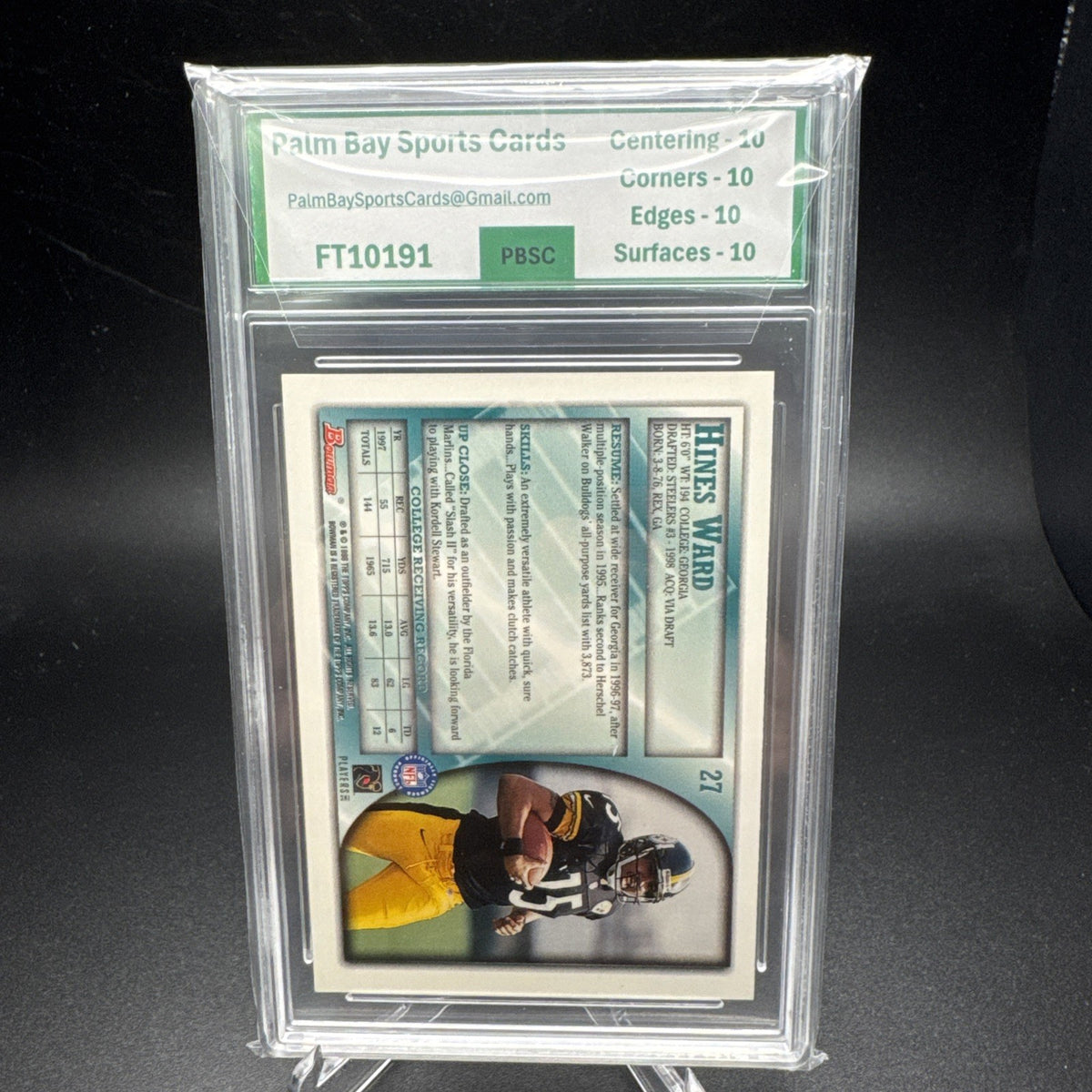1998 Bowman - Hines Ward #27 (RC) Pittsburgh Steelers PBSC 10 — photo 2 of 2