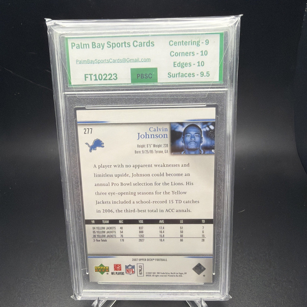 2007 Upper Deck Star Rookie Calvin Johnson #277 Rookie Exclusives (RC) PBSC 9.5 — photo 2 of 2